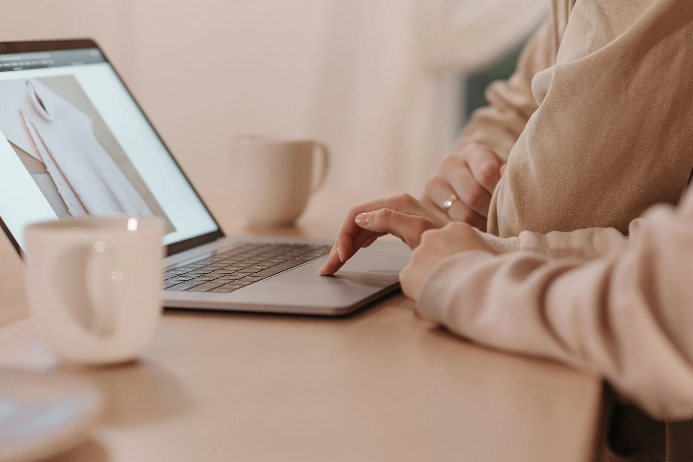 A person browsing an online shop on a laptop at home.